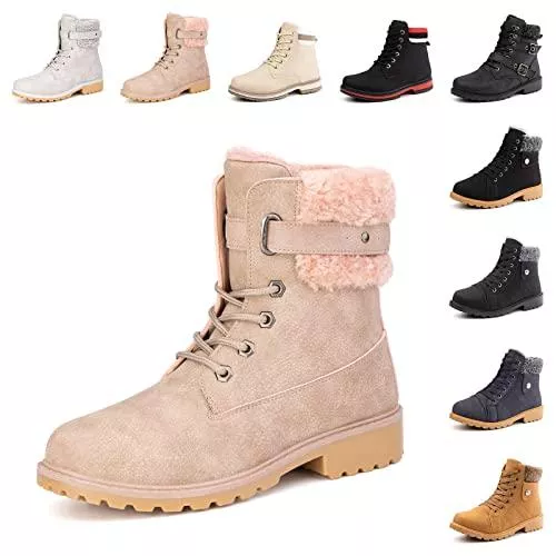 Hitmars Stiefel Winterstiefel Damen Warme Winterschuhe Gefüttert Kurzschaft Absatz Stiefel Winter Geschnürt Stiefeletten Schneestiefel Schwarz Braun Grau Rosa 36-43 EU