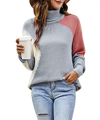 LIOFOER Pullover & Strickmode LIOFOER Damen High Neck Tops Farbblock Pullover Lässige Lose Strickpullover