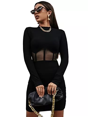 SheIn Party SheIn Damen Netzeinsatz Figurboten Kleid Langarm Kleider Stehkragen Minikleid Partykleid Freizeitkeid Bodycon