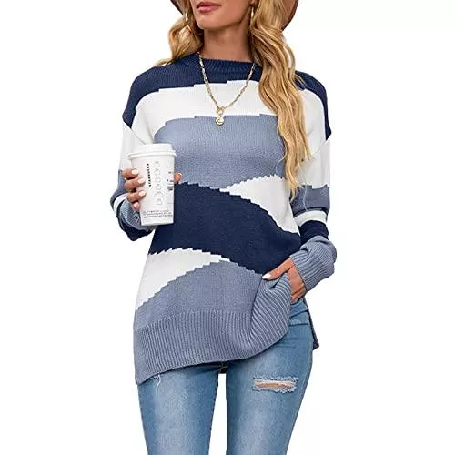 Nilimoph Pullover & Strickmode Nilimoph Pullover Damen Farbblock Strickpullover Casual Strick Pulli Rundhals Langarmshirts Oberteile Herbst Winter