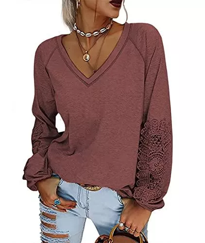 CHARMW Langarmshirts CHARMW Damen V-Ausschnitt Langarmshirts Tops mit Nähte Spitzenarm Casual Lose Pullover Bluse Sweatshirt Tunika Oberteil S-XXL