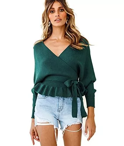 chiguomaoyi Pullover & Strickmode chiguomaoyi Damen V Ausschnitt Strickpullover Elegant Sexy Langärmelig Tops Casual Pullover Sweate