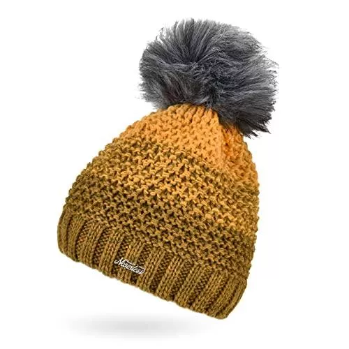 Neverless Hüte & Mützen Neverless® Damen Strick-Mütze gefüttert Fleece Fell-Bommel Kunstfell Winter-Mütze Bommelmütze Grobstrick Mehrfarbig
