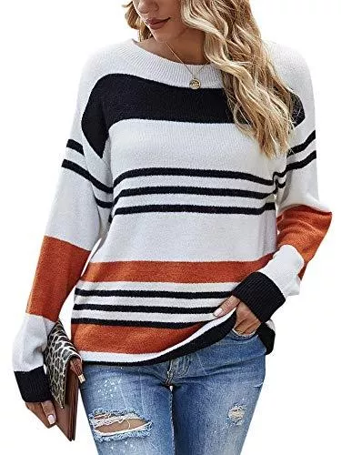 Woolen Bloom Pullover & Strickmode Woolen Bloom Damen Lässiger Farbblock Strickpullover Oberteile Strick Oversize Gestreift Pullover Rundhals Pulli langärmeligem übergroßen Sweater Sweatshirt Herbst Winter