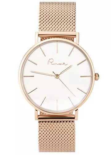 PINOR Uhren PINOR Damenuhr 36mm Rosegold Silber Edelstahl 5-ATM Saphirglas extra Kratzfest Wasserdicht Quarz-Armbanduhr Frauen Damen Uhren Mesh Uhrenarmband 18mm Armband verstellbar Damen-Uhr Dünn