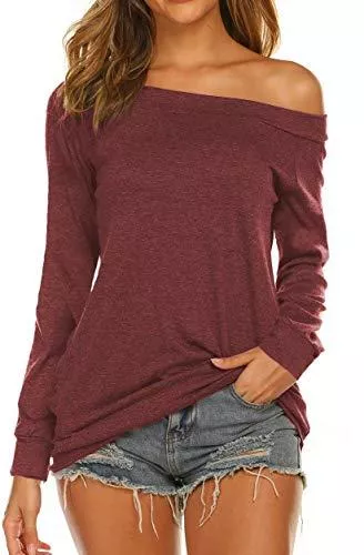 Lalala Langarmshirts Longshirt Damen Oberteile Schulterfrei Lässige Tops Langarmshirt Tunika Bluse