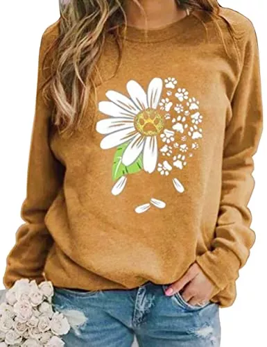 Imuedaen Pullover & Strickmode Imuedaen Damen Sweatshirt Rundhals Pullover Langarmshirt Baumwolle Bedrucktes Oberteil Tops Freizeit T-Shirts Bluse