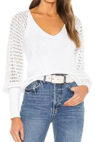 Shujin Pullover & Strickmode Shujin Damen Langarm Strickpulli mit Floraler Spitze V ausschnitt Sexy Oberteile Gestrickt Pulli Sweatshirts Oversize Langarmshirts Dünn Strickpullover