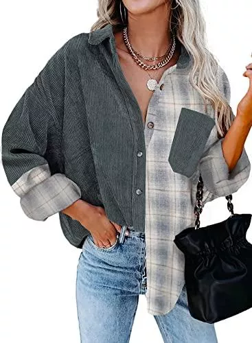 Aleumdr Langarmblusen Aleumdr Bluse Damen Langarm Revers Blusen Hemdjacke Cordjacke Damen Cordhemd Bluse Jacke Damen Shacket Jacket Button Down Freizeitjacke mit Taschen