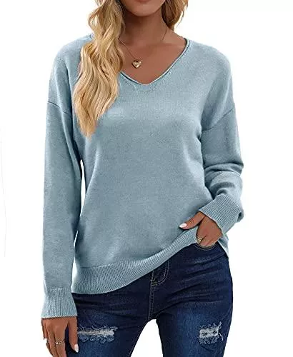 Kapoohott Pullover & Strickmode Kapoohott Damen Pullover Damen Winter Pulli Strickpullover Damen Vintage Sweatshirt Langarm Oberteile Einfarbig Casual V-Ausschnitt