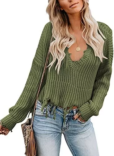SIDEFEEL Pullover & Strickmode SIDEFEEL Pullover Damen V-Ausschnitt Sweater Strickpullover Grobstrick Winterpullover Strickpulli Oversize Pulli Langarm Aushöhlen Distressed Quasten Pullover Lockere Passform Strickware S-XXL