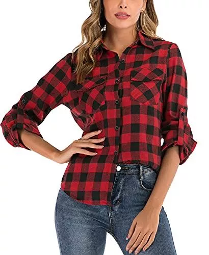 Enjoyoself Langarmblusen Enjoyoself Damen Karrierte Bluse Langarm Karo Flanell Hemden 100% Baumwolle Button-down Hemdbluse für Alltag und Oktoberfest