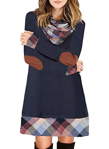 ANCAPELION Freizeit ANCAPELION Damen Langarm Minikleid Kariertes Kleid Rollkragen Strickkleid A-Linie Sweater Herbstkleid Lose Kleider Pullover Kleid für Winter Herbst