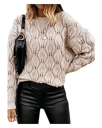 CYSTYLE Pullover & Strickmode CYSTYLE Pullover Damen Perle Langarmshirts Rundhals Stricktop Patchwork Oberteile Sweatshirt Hoodie Pulli Herbst Oberteile Tops Outwear