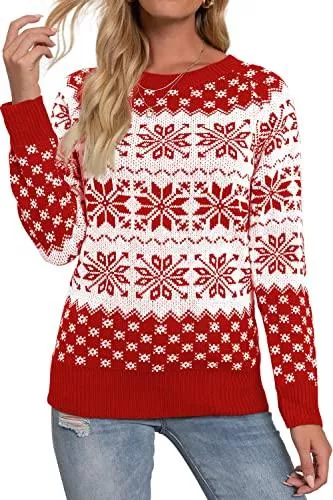 Cindeyar Pullover & Strickmode Weihnachtspullover Damen Pullover Gestrickte Christmas Reindeer Rundhalsausschnitt Drucken Lange Sleeve Weihnachten Sweatshirt Jumper