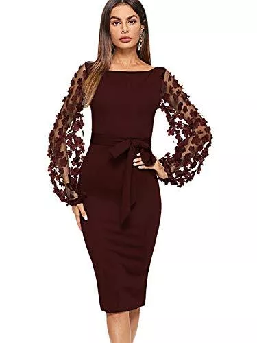 DIDK Party DIDK Damen Netz Figurbetontes Kleid Schlauch Kleider mit Knoten Gürtel Stickerei Blumen Applikation Bishop Ärmel Knielang Übergoß Bleistift Einfarbig Party Kleider
