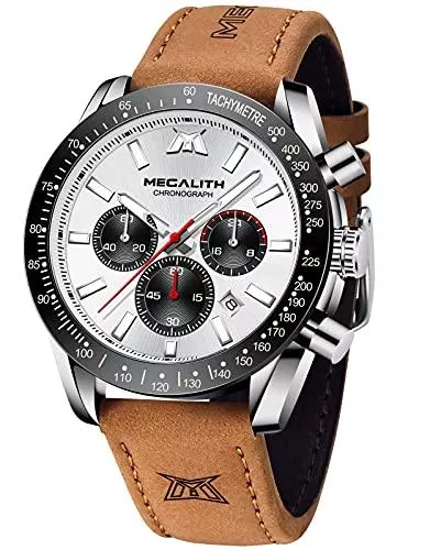 MEGALITH Uhren MEGALITH Herrenuhr Chronograph Wasserdicht Armbanduhr Herren Lederarmband Großes Zifferblatt Uhr Herren mit Leuchtende Kalender Datum Mode Sport Analog Quarzuhr Uhren für Männer