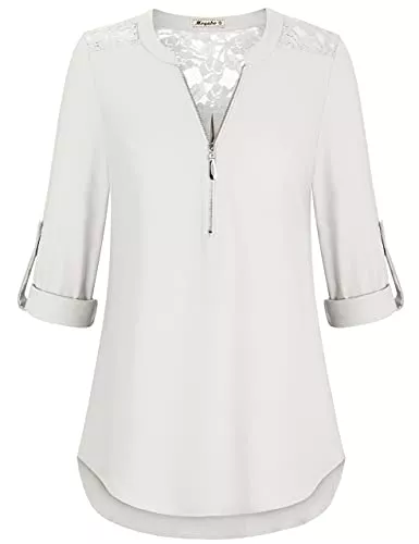 Moyabo Langarmblusen Moyabo Damen V-Ausschnitt Spitzen Bluse Loose Elegant Oberteile ReißVerschluss Langarm Shirts