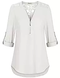 Moyabo Langarmblusen Moyabo Damen V-Ausschnitt Spitzen Bluse Loose Elegant Oberteile ReißVerschluss Langarm Shirts