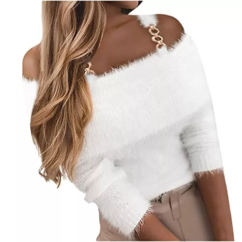 Masrin Pullover & Strickmode Masrin Crop Tops Damen Sexy einfarbiges Pelz T Shirt Schulterfreier Pullover Tunika mit Kettenriemen Schmale Kurze Bluse Partykleidung Clubwear bauchfreie Oberteile