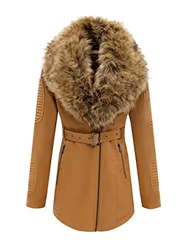 BELLIVERA Mäntel BELLIVERA Damen Lederjacke Winter Warm Moto Bikerjacke Wildleder Langer Mantel mit Abnehmbarem Pelzkragen