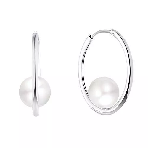 JO WISDOM Schmuck JO WISDOM Perlenohrringe Silber 925 1.5 * 20MM Creolen Hängend Ohrringe mit 7MM Weiß Perlen，Hochzeitsohrringe für Frauen