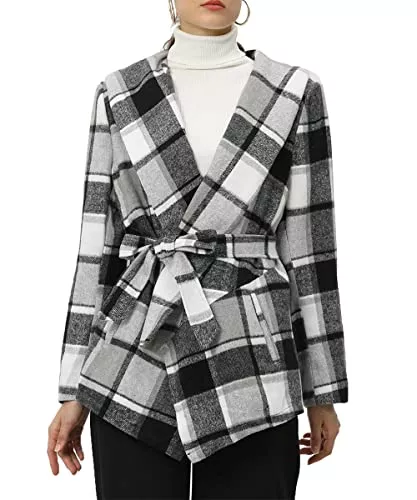 Dilgul Strickjacken Dilgul Damen Karierte Cardigan Gitter Strickjacke Langarm Open Front Umlegekragen Asymmetrischer Saum Winter Karomantel Jacke mit Gürtel