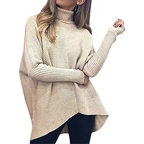 Arevill Pullover & Strickmode Arevill Damen Rollkragen Pullover Winter Casual Unregelmäßige Oversize Lang Strickpullover Sweater Einfarbig Lose Pulli