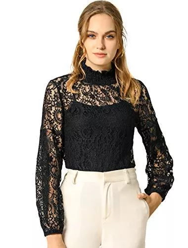 Allegra K Langarmblusen Allegra K Damen Langarm Stehkragen Ruffle Spitze Blumen Top Bluse