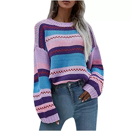 Masrin Pullover & Strickmode Pullover Damen Lässiger bunt gestreifter Strickpullover Herbst Winter Sweater Sweatshirt Tunika Oberteile mit O Ausschnitt und langen Ärmeln Elastische Baggy Bluse Drop Sleeve Pulli Langarmshirts