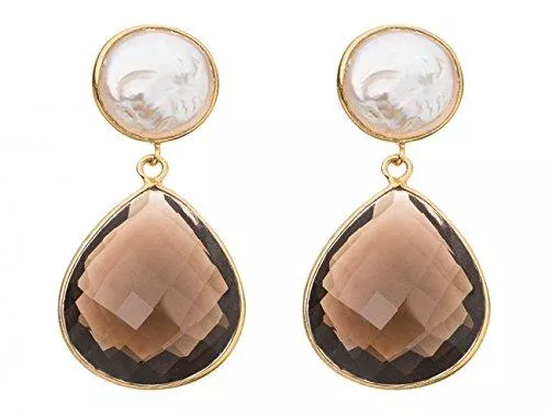 GemShine Schmuck Gemshine - Damen - Ohrringe - 925 Silber Vergoldet - Perlen - Rauchquarz - Weiss - Braun - 4 cm