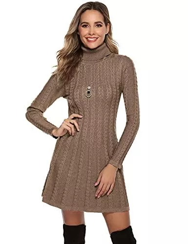 Gyabnw Freizeit Gyabnw Damen Strickkleid Elegante A-Linie Kleid Pulloverkleid Zopfmuster Rundhalsausschnitt Minikleid Strickpullover für Party Cocktail Freizeit