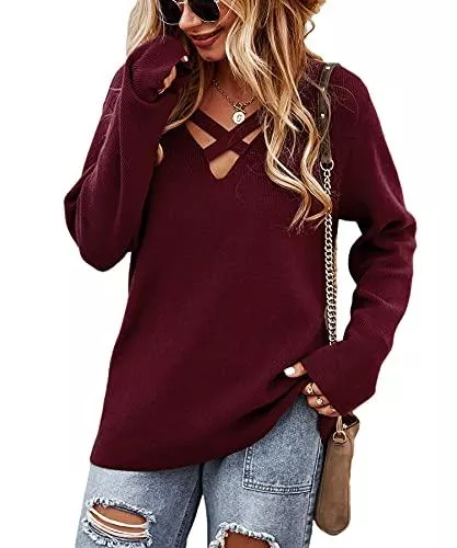 SEVETAT Pullover & Strickmode SEVETAT Pullover Damen Elegant V-Ausschnitt Kreuz Strickpullover Mode Einfarbig Sweater Tops Casual Lose Pulli Langarm Jumper Oberteile