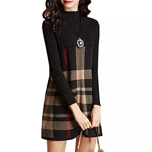 TangDao Freizeit Damen Elegante Plaid Pullover Strickkleid Midi-Kleid Winter Strickpullover A-Linie
