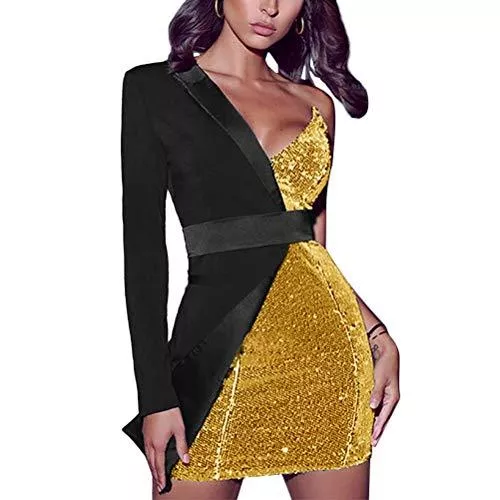 Minetom Party Minetom Kleider Damen Spleißen Glitzer Minikleider Elegant Rückenfreies Bodycon Kleid Schulterfrei Partykleider Blazer Kleid