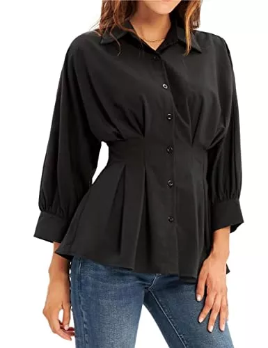 GRACE KARIN Langarmblusen GRACE KARIN Damen Elegant V-Ausschnitt 3/4 Ärmel T-Shirt Batwing Hemd Bluse Plissee Taille Wickelhemd Büro Oberteil CL455A21