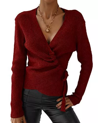 Maxwinee Pullover & Strickmode Maxwinee Damen Strickpullover V Ausschnitt Cross Wrap Wickelpullover Langarm Elegant Pullover Winter