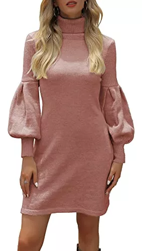 Imuedaen Freizeit Imuedaen Strickkleid Damen Rollkragen Elegant Langarm Tunika Pullikleid Lang Strickpullover Minikleid Pullover für Herbst Winter