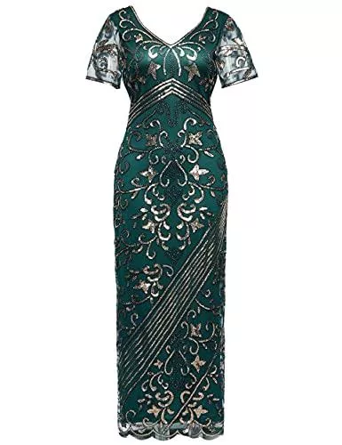 Coucoland Cocktail Coucoland 1920s Kleid Damen Kurz Ärmel Maxi Lang Flapper Abendkleid 20er Jahre Paillettenkleider Great Gatsby Cocktail Party Damen Fasching Kostüm Kleid