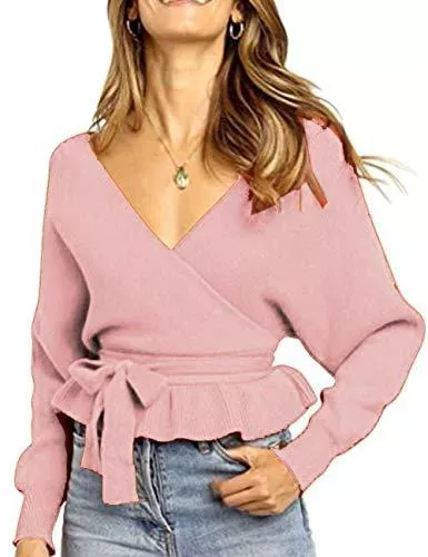 HAHAEMMA Pullover & Strickmode Damen Winter Frühling Sexy Casual V-Ausschnitt Pullover Loose Rückenfrei Fledermaus Batwing Rücken Kreuz Lange Ärmel Sweater Stricken Pullover