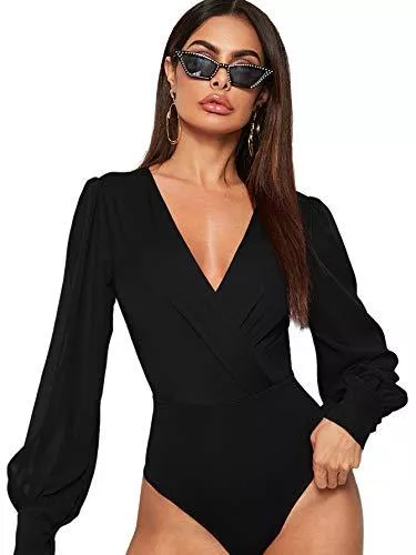 DIDK Langarmblusen DIDK Damen Bodys Elegant Wrap Bodies V-Ausschnitt Mesh-Langarm Bodysuit mit Laternenärmeln Einfarbig Oberteil Langarmshirt