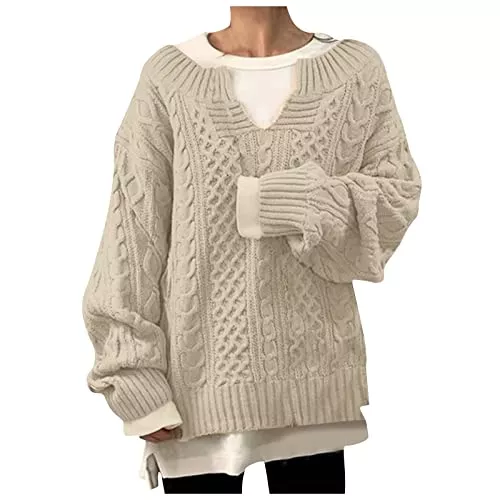 RMBLYfeiye Pullover & Strickmode Damen Strickpullover Oversize Pullover Grobstrickpullover Sweatshirt Loose Langarmshirt V-Ausschnitt Casual Winter Kleid Übergroß Top
