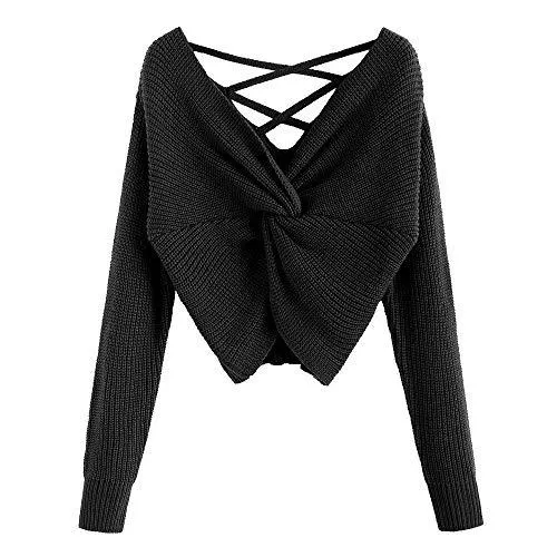 ZAFUL Pullover & Strickmode ZAFUL Damen Verdrehte Kreuz Tropfen Schulter Strickpullover Verknotet Oben Sweatshirt Pullover Jumper