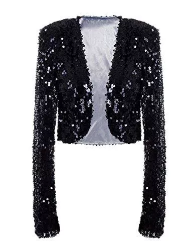 PrettyGuide Jacken PrettyGuide Damen Pailletten Jacke Kurze Disco Tanz Langarm Bolero Clubwear Party Tops