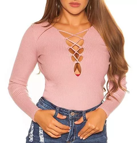 Koucla Pullover & Strickmode Koucla Langarm Pullover Rippstrick mit sexy V-Neck zum Schnüren