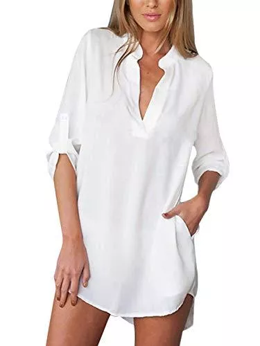 ZANZEA Langarmblusen ZANZEA Damen V-Ausschnitt Chiffon Langarm Slim Oversize T-Shirt Bluse Lose Tops