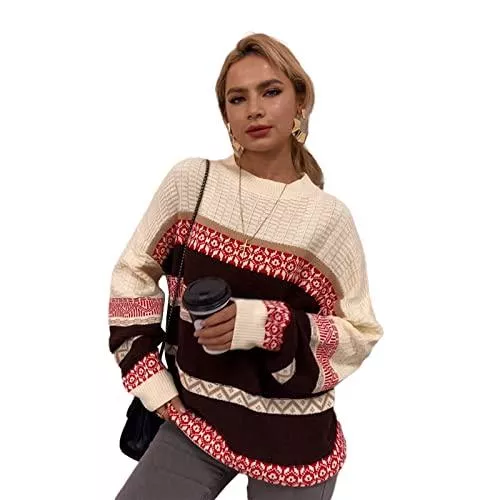 CALLA DREAM Pullover & Strickmode CALLA DREAM Gestreifter Damenpullover Langarm Weihnachtspullover Rundhalsausschnitt Strickpullover Elegant Vintage für Damen Herbst-Winter S-XXL