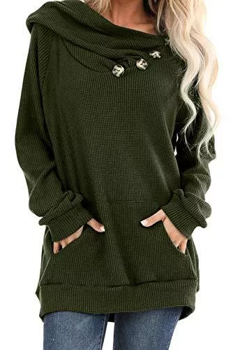 ANCAPELION Pullover & Strickmode ANCAPELION Damen Hoodie Gestrickt Pulli Pullover Langarm Oberteile Einfarbig Sweater Tunika Top mit Knopf Tasche