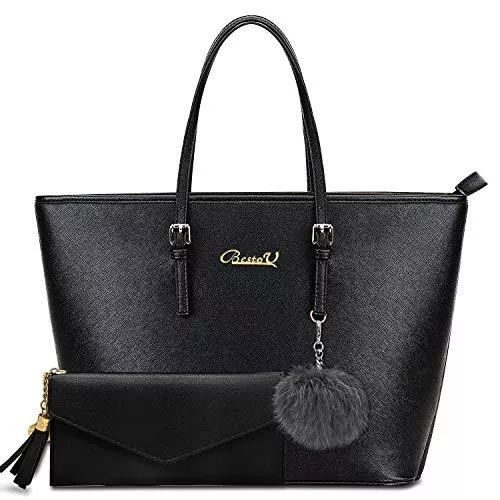 BestoU Taschen & Rucksäcke BestoU Damen Handtasche, Shopper Handtasche Schwarz mit Quastengeldbörse und Pelz Kugel Plüsch Schlüsselring, Elegante große Damenumhängetasche 2pcs Set, für Büro Schule Einkauf( Verbesserte Version)