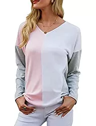 Imuedaen Langarmshirts T-Shirt Damen Casual V Ausschnitt Langarm Farbblock Sweatshirt Tops Bluse Pullover Oberteile
